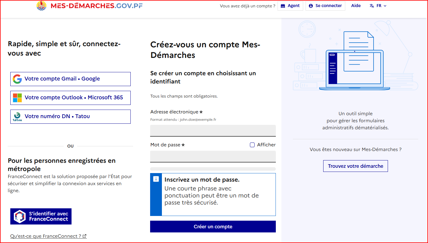 La page de connexion de Mes-Démarches